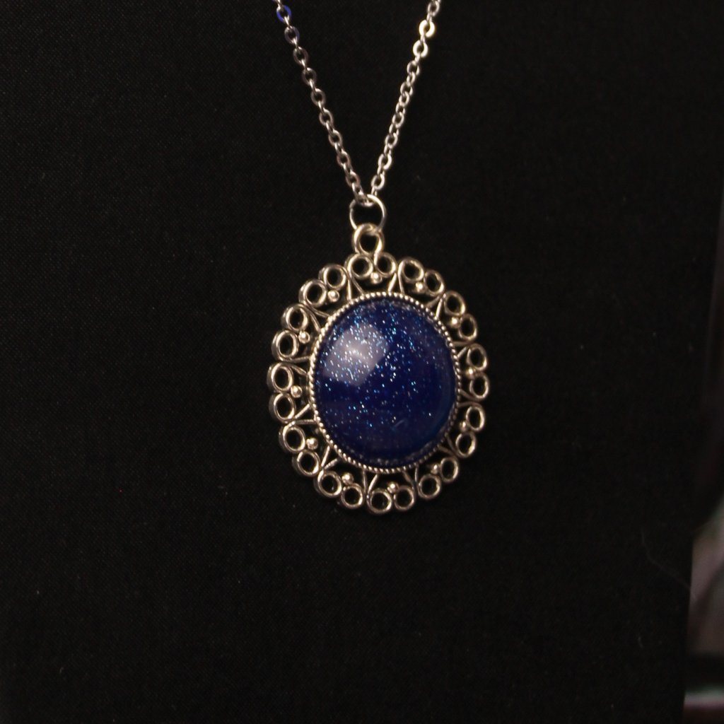 Hand Crafted Vintage Blue Sparkle Epoxy Circle Cabochon Pendant